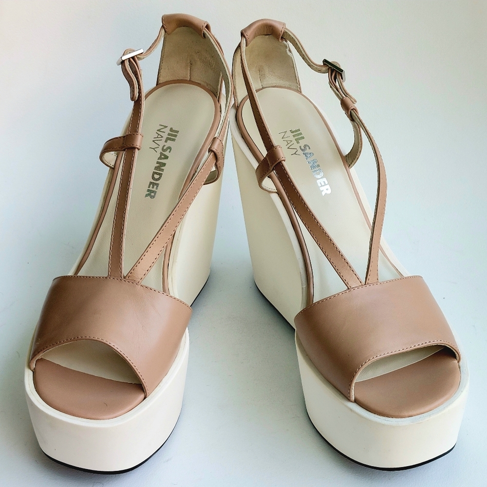 Jil Sander Navy tan leather platform wedge sandals, EU40, NWT